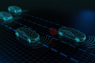 Wireframe digital model of sensors helping autonomous vehicles to navigate around each other