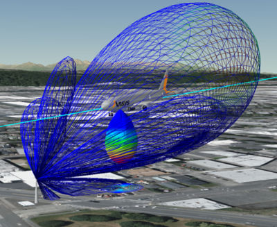 STK simulation shows landing geometry as aircraft passes close to the 5G C-band base station in the scenario