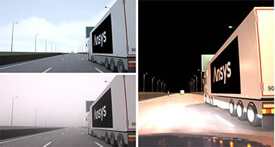 Ansys SPEOS validates camera perception in various environments (day, fog, night)