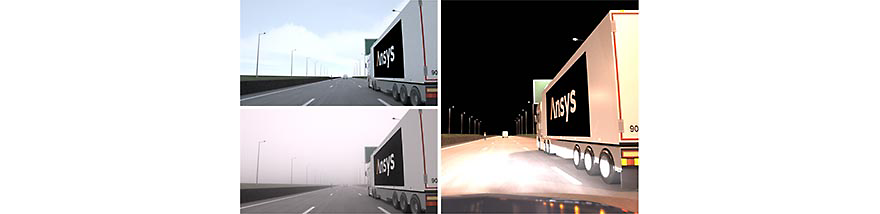 Ansys SPEOS validates camera perception in various environments (day, fog, night)