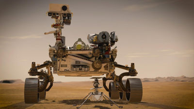 An illustration of the NASA Perseverance rover and Ingenuity helicopter on Mars. Credit: NASA/JPL-Caltech