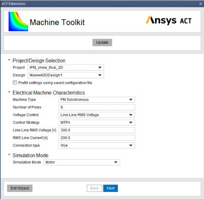 Ansys ACT Machine Toolkit panel to enter machine characteristics