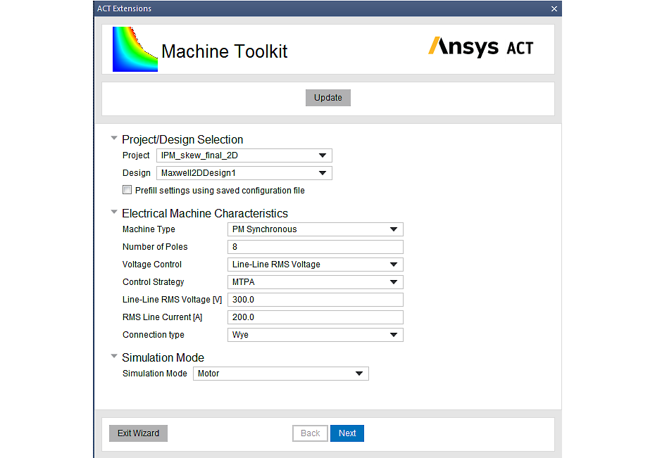 Ansys ACT Machine Toolkit panel to enter machine characteristics