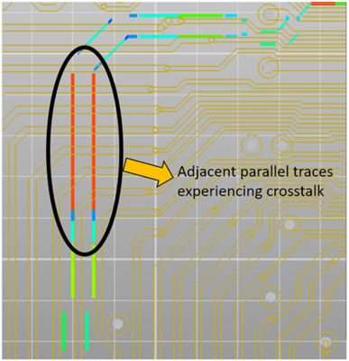 Picture of adjacent traces on a PCB having potential crosstalk issues