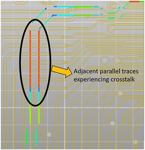 Picture of adjacent traces on a PCB having potential crosstalk issues