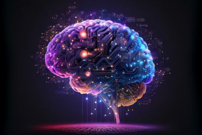 Human brain showing Intelligent thinking processing through the concept of a neural network printed circuit of big data and artificial intelligence, computer Generative AI stock illustration image