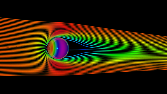 Velocity streamlines and pressure distribution for laminar flow over a sphere benchmark