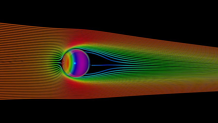 Velocity streamlines and pressure distribution for laminar flow over a sphere benchmark