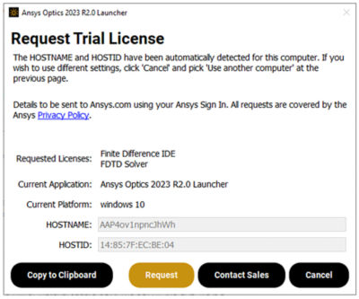 Optics launcher request trial license 