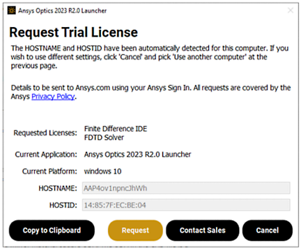 Optics launcher request trial license
