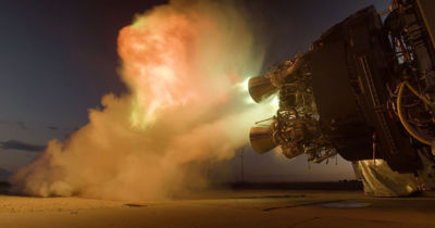 Four Firefly Reaver engines power the first stage of the Firefly Alpha launch vehicle. An engine test is shown here. Image courtesy of Edwards Media via Firefly Aerospace.
