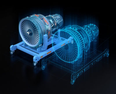 Wireframe rendering of turbojet engine and mirrored physical body on black background. Digital twin concept. 3D rendering image., Wireframe rendering of turbojet engine and mirrored physical bod
