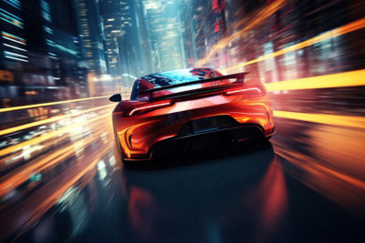 Night racing, rear view of a fast moving sports car in the night city motion blur