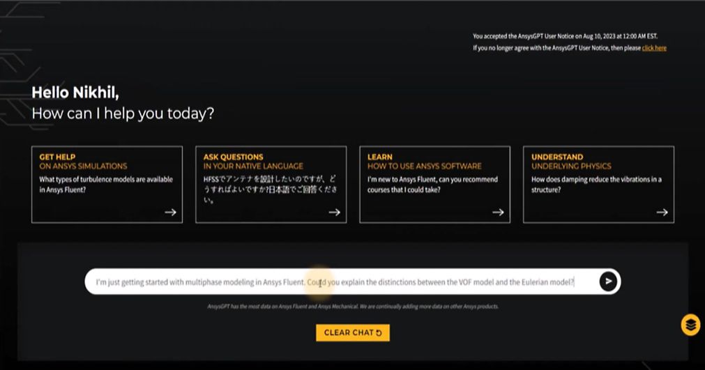 An example of the AnsysGPT dashboard that has a clean, easy-to-use interface