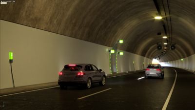 NVIDIA DRIVE Sim showing two cars in a tunnel