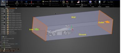 CAD Model showing a Car in a wind tunnel and applied boundary conditions