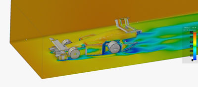 Velocity contours on the car are displayed after conducting a simulation