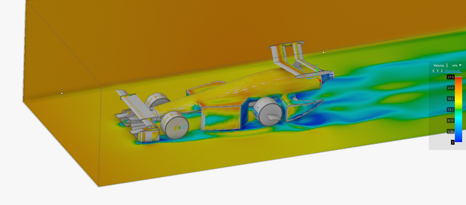 Velocity contours on the car are displayed after conducting a simulation