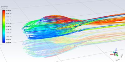 Computational fluid dynamics (CFD) simulation of aeroshell external aerodynamics shows the pathlines around the aeroshell. The flow attaches smoothly over the upper surface, indicating that the front shape effectively guides the incoming airflow. In the rear region, the pathlines diverge and form a wake, which increases drag.   