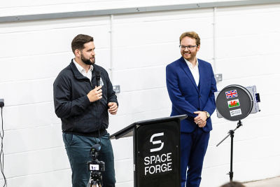 Cofounders Joshua Western (left) and Andrew Bacon (right) speaking at the Space Forge grand opening.