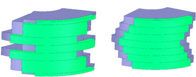 Permanent magnet skewed rotor topologies, including a customized skew configuration (left) and a V-shaped skew configuration (right)