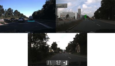  contact analogous AR marker highlighting the leading vehicle (top, left). A display with an arrow animation shows the driver that a turn is coming up (top, right). A display that interacts with its environment by displaying the distance until the driver’s next left turn (bottom). 