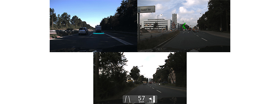  contact analogous AR marker highlighting the leading vehicle (top, left). A display with an arrow animation shows the driver that a turn is coming up (top, right). A display that interacts with its environment by displaying the distance until the driver’s next left turn (bottom). 
