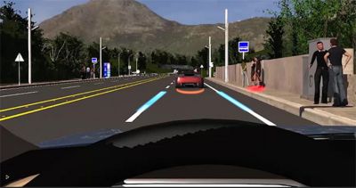 The simulation displays how a HUD system could highlight the lane, people on the street and the car ahead