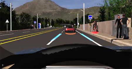 The simulation displays how a HUD system could highlight the lane, people on the street and the car ahead
