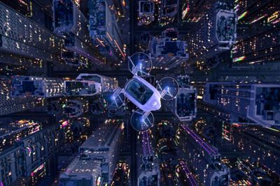 Drone flying over a city