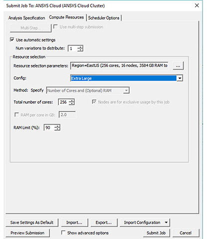 Simulations can be submitted to Ansys Cloud via simple pull-down menus.