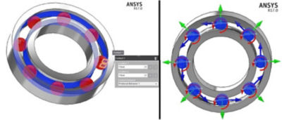 Showing contacts between the rolling elements with inner and outer raceways. Also visualizing free degrees of freedom of radially oriented rolling elements modeled with joints.