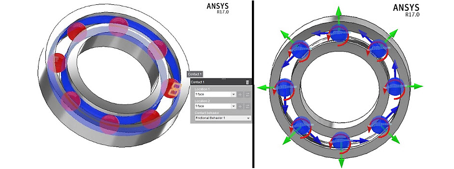 Simulation of contacts between the rolling elements with inner and outer raceways in Ansys AIM