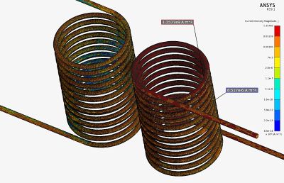 Mesh and current density is shown for transformer with no ferrite core