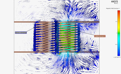 Strong mutual inductance demonstrated by coils with similar currents in transformer with ferrite core