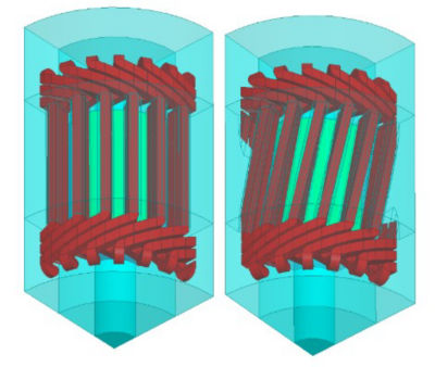 A fraction of 3D geometry of an electrical machine design showing straight stator slots (left) and skewed stator slots (right)