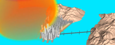 Screenshot from a video of EMP simulation, made using ANSYS HFSS, and how the electromagnetic field would travel through a city scape.