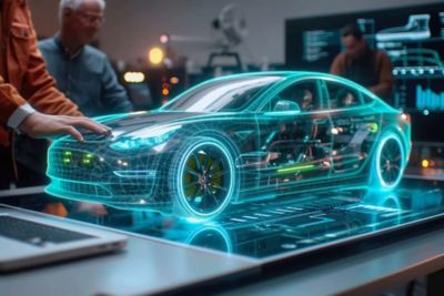 Automotive engineer using AI production on electric car