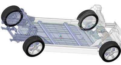 Electric vehicle chassis with battery, cables, motor, inverter, and DC/DC converter