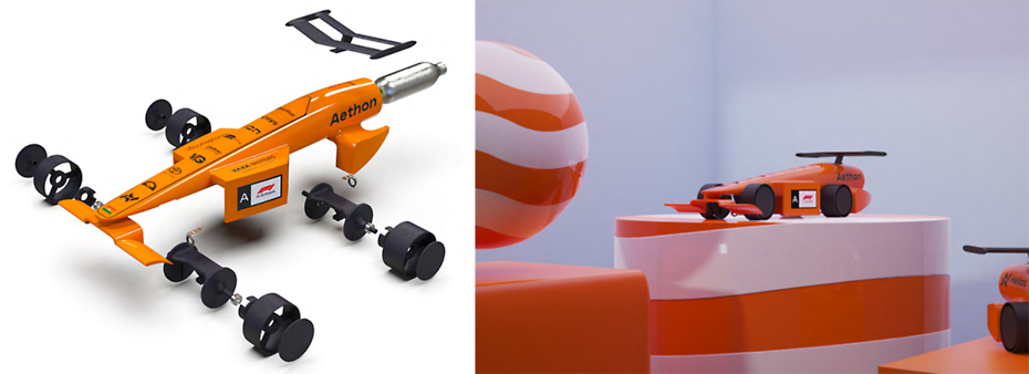 Renderings of Aethon show the car disassembled (left) and fully assembled (right).  