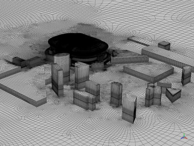 A very fine mesh of the stadium and its surroundings was generated to capture aerosols movements