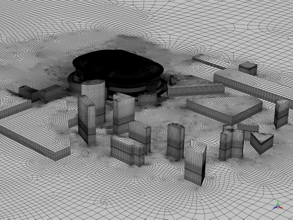 A very fine mesh of the stadium and its surroundings was generated to capture aerosols movements