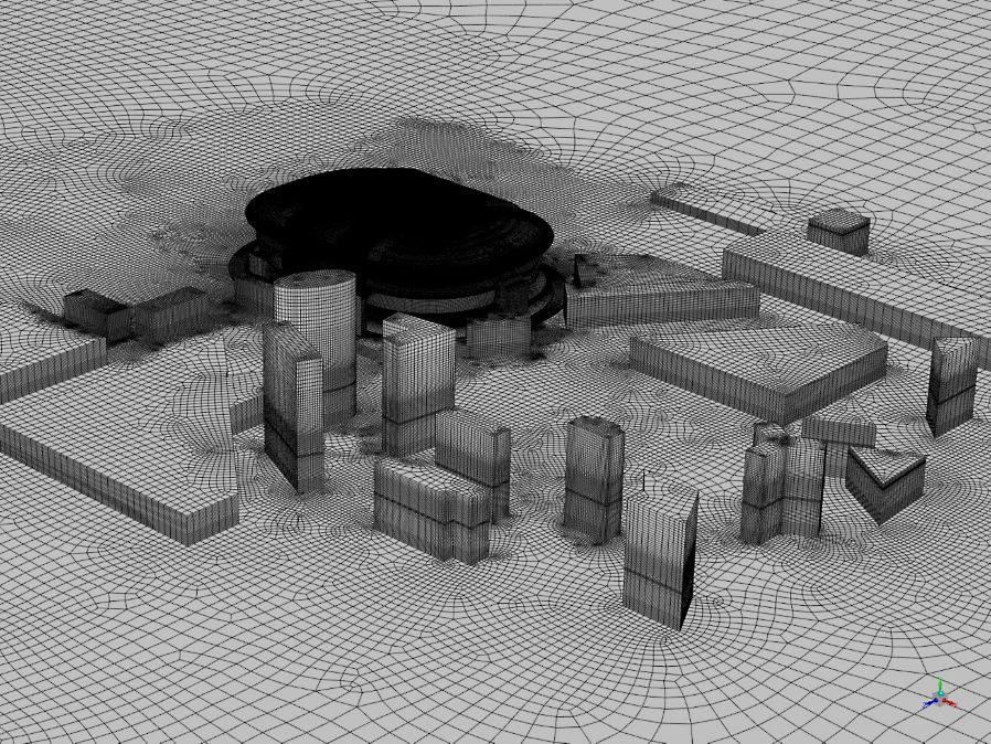 A very fine mesh of the stadium and its surroundings was generated to capture aerosols movements