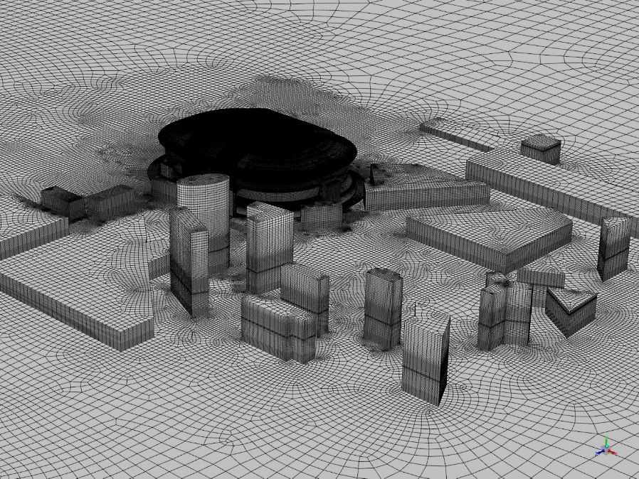 A very fine mesh of the stadium and its surroundings was generated to capture aerosols movements