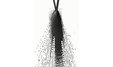 double impinging jet showing in dark color the part of the spray that is resolved in the VOF formulation and in light color the drops that have been converted 