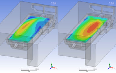 Initial and final design showing improved velocity distribution over the ice maker tray.