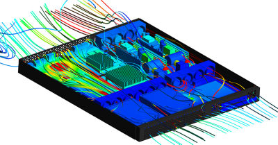Ansys® Icepak™ thermal simulation showing the heat flows between a chip, its system context, and the cooling airflow.