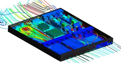 Ansys® Icepak™による熱シミュレーション。チップ、その周辺システム、および冷却気流の間の熱流を示している。