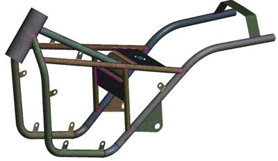 A motorcycle frame geometry meshed showing welded joints. 