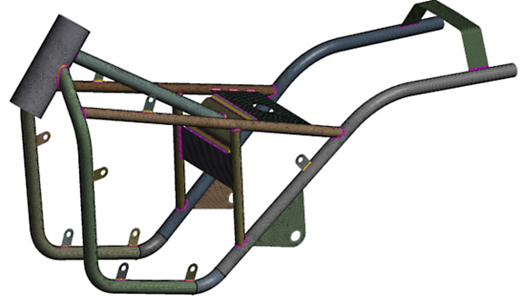 A motorcycle frame with local finite element refinement around welded joints